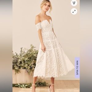 Lulus Absolutely Stunning White Lace Off-the-Shoulder Midi Dress